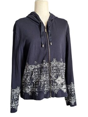 Chico’s Zenergy Navy Zip-Front Hoodie with White Pattern